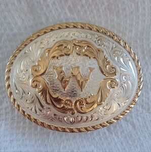 Gold & Silver 2-Tone Engraved Filigree Initial Letter W Rodeo Cowboy Belt Buckle